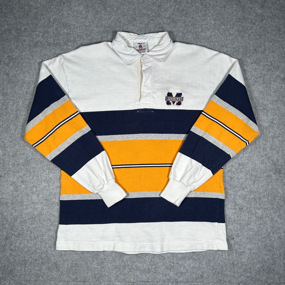 Barbarian Rugby Shirt Mens XL White Blue Yellow Michigan Wolverines Striped 90s